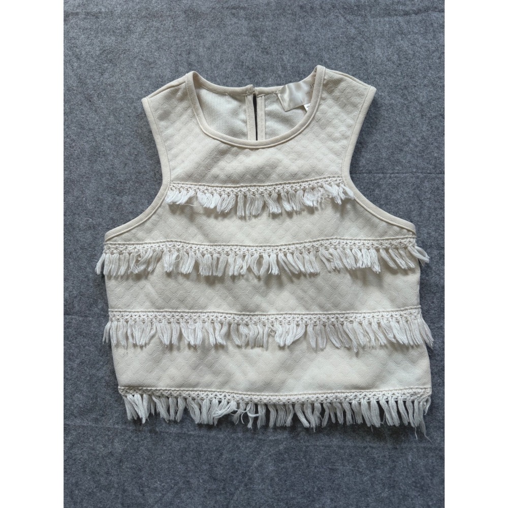 J.O.A. Sleeveless Crop Top Women XS Cream Excellent Quilted Fringe Boho BC3839-T